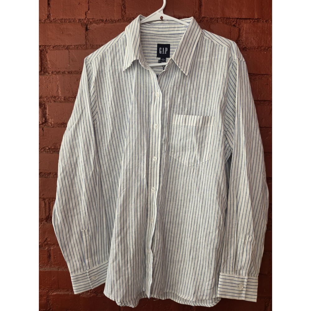 GAP Women's Large NWT Blue White Striped Button Down Shirt Oversized Coastal...